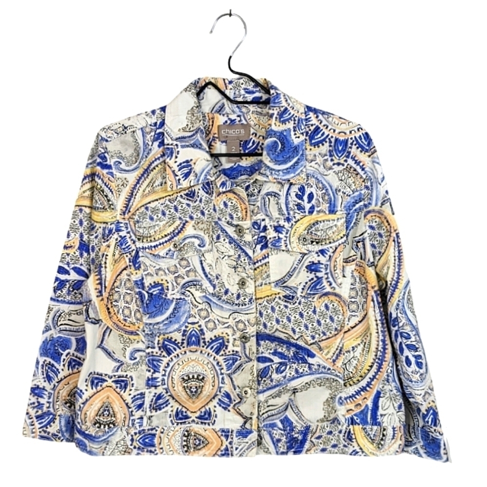 Chico's Women 100% Cotton Blue Yellow Paisley Print Blazer Jacket 3/4 Sleeve L